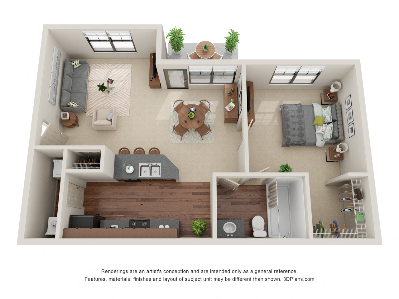 Floor plan for 1 bed, 1 bath, 642 sqft
